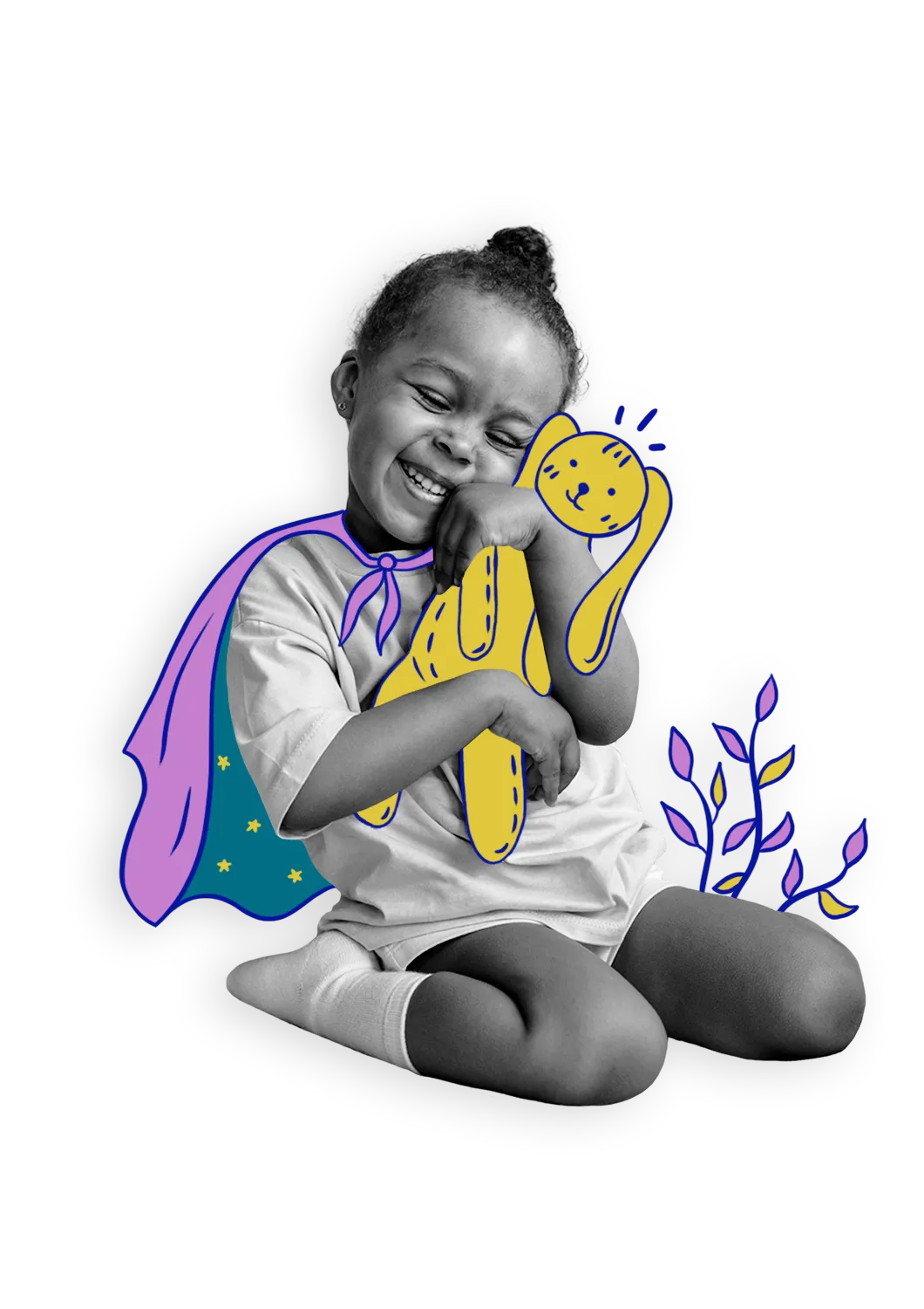 Girl in a cape hugging a toy bunny