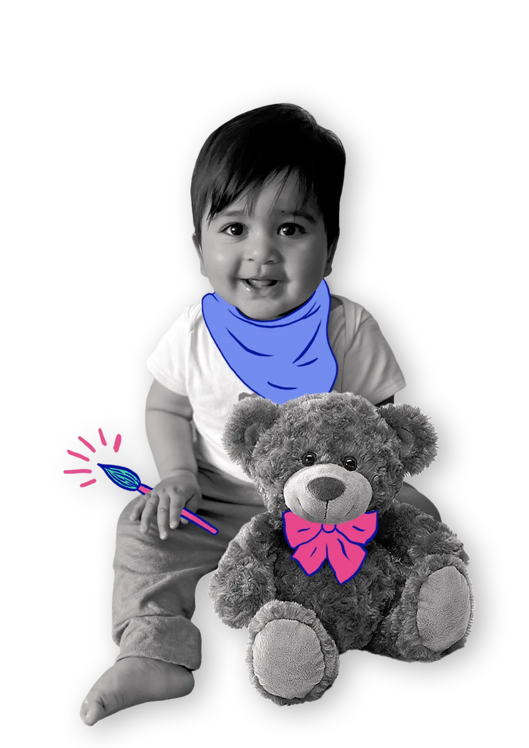 Toddler with teddy bear and paintbrush